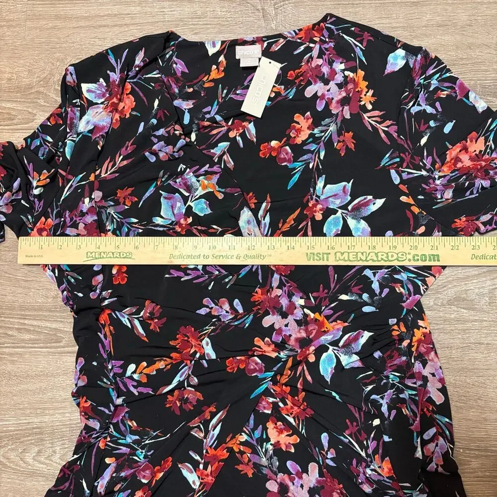 Chico’s NWT Floral Faux Wrap Dress Sz 4 (20-22) Black Multicolor 3/4 Sleeve - Picture 5 of 7